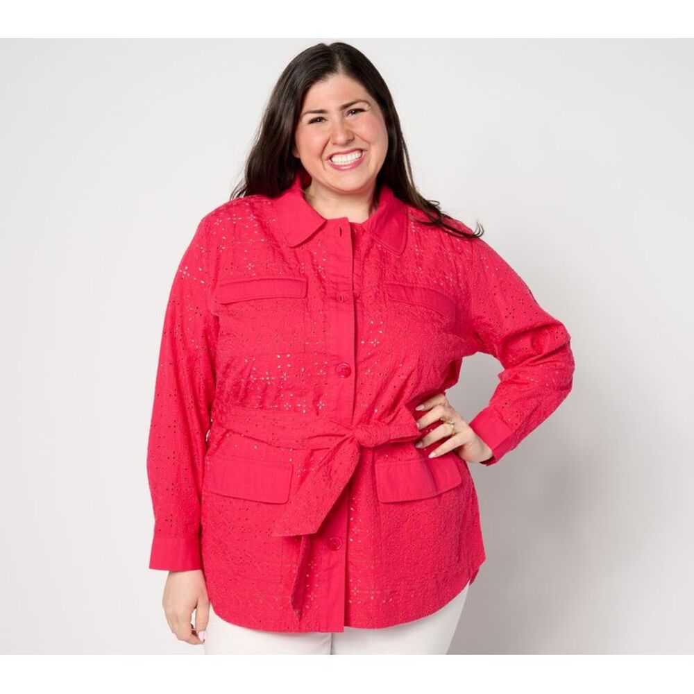 Isaac Mizrahi Live! Women's Jacket Sz M Embroidered Cotton Eyelet Pink A640764